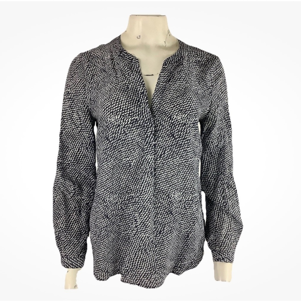 Joie Sz S 100% Silk Popover Long Sleeve Business Casual Blouse Blue White